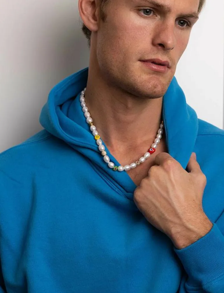 Men's Smiley Face Pearl Choker with Assorted Beads - Halsband