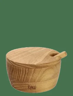 RAW Teak salt jar with lid + spoon Salt jar: dia.8.2xh4cm, lid: dia.8.2xh1cm, spoon: L8.7cm - Förvaringsburkar