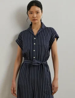 Striped Belted Twill Wide-Leg Jumpsuit - Jumpsuits
