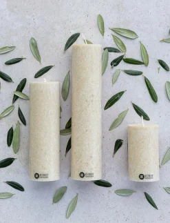 Upcycled olive wax pillar candle - Blockljus